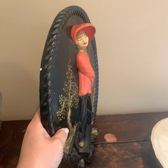 Vintage‎ MCM Mid Century Chalkware Asian Man Woman large 3D Wall Hanging Set - Picture 6 of 9